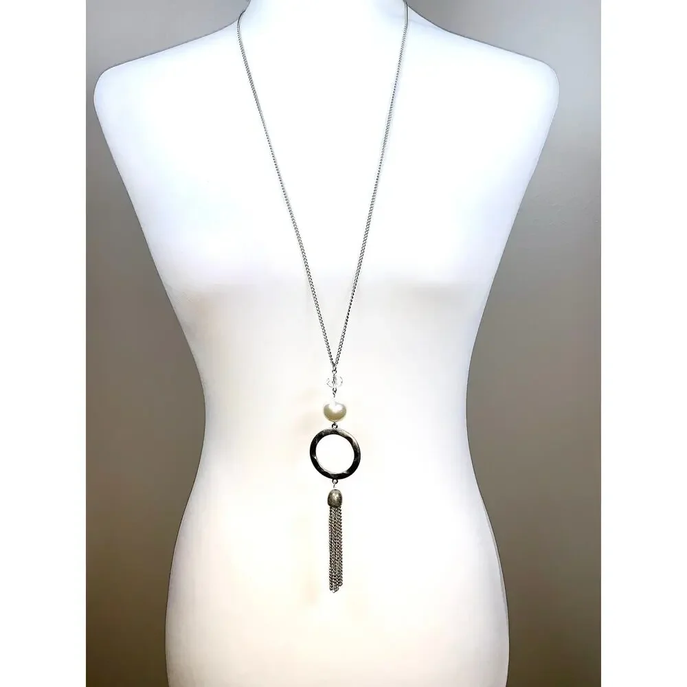 Silver Tone Faux Pearl Glass Bead Textured Hoop Tassel Long Necklace